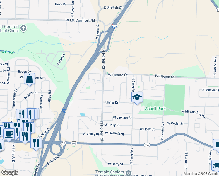 map of restaurants, bars, coffee shops, grocery stores, and more near 1600 North Porter Road in Fayetteville