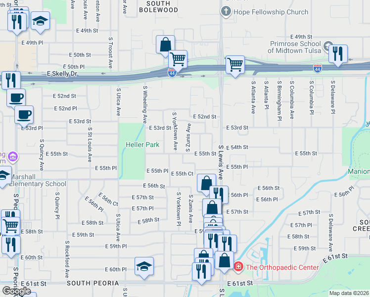 map of restaurants, bars, coffee shops, grocery stores, and more near 2134 East 55th Street in Tulsa