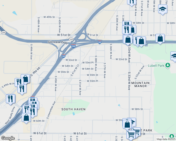 map of restaurants, bars, coffee shops, grocery stores, and more near 4013 West 55th Street in Tulsa