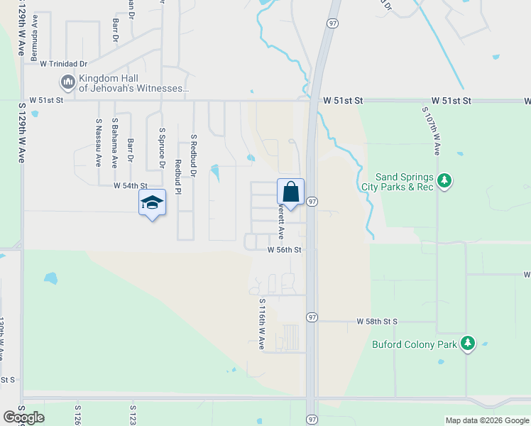 map of restaurants, bars, coffee shops, grocery stores, and more near 100 West 55th Street in Sand Springs