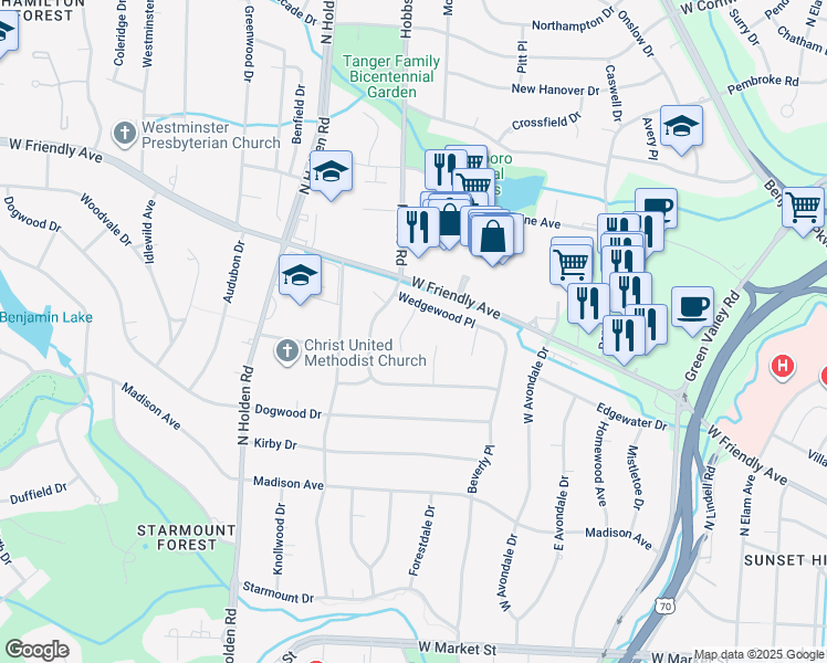 map of restaurants, bars, coffee shops, grocery stores, and more near 7 Wedgewood Court in Greensboro