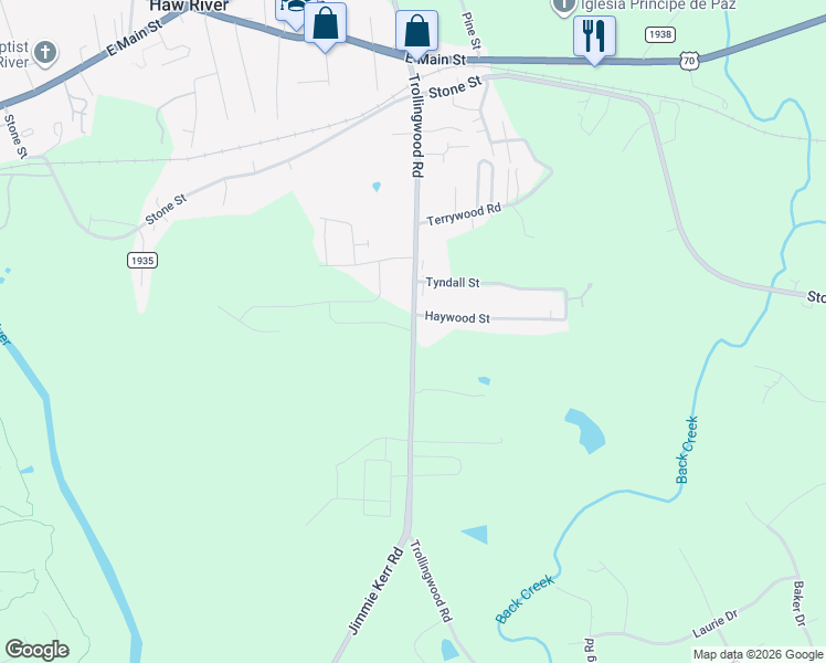 map of restaurants, bars, coffee shops, grocery stores, and more near State Road 1928 in Haw River