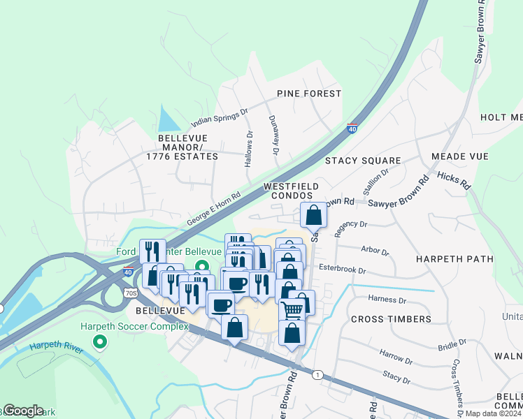 map of restaurants, bars, coffee shops, grocery stores, and more near 406 Westfield Drive in Nashville