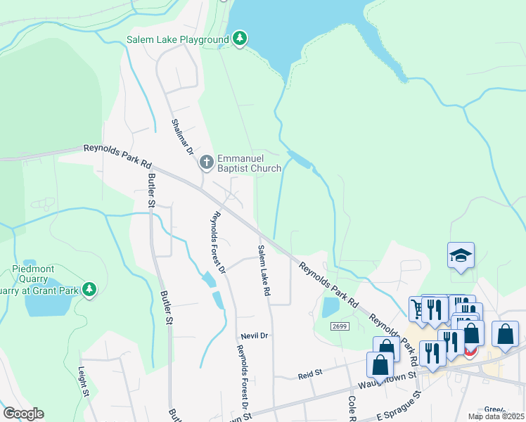 map of restaurants, bars, coffee shops, grocery stores, and more near 1177 Salem Lake Road in Winston-Salem