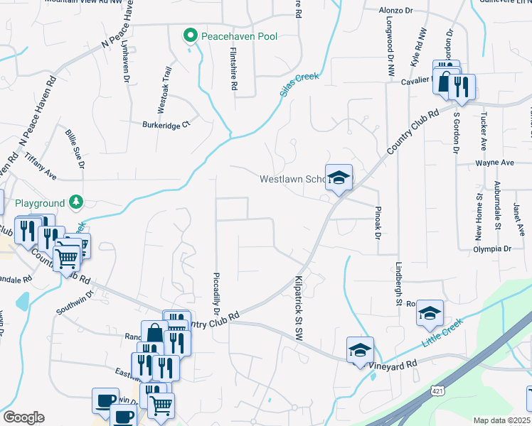 map of restaurants, bars, coffee shops, grocery stores, and more near 227 Tipperary Lane Northwest in Winston-Salem