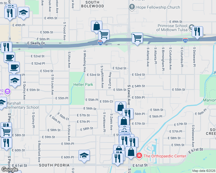 map of restaurants, bars, coffee shops, grocery stores, and more near 2134 East 55th Street in Tulsa