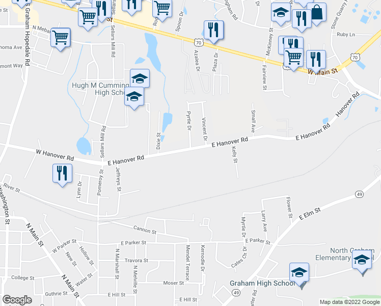 map of restaurants, bars, coffee shops, grocery stores, and more near 503 East Hanover Road in Graham