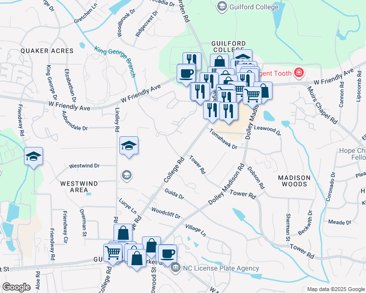 map of restaurants, bars, coffee shops, grocery stores, and more near 515 College Road in Greensboro