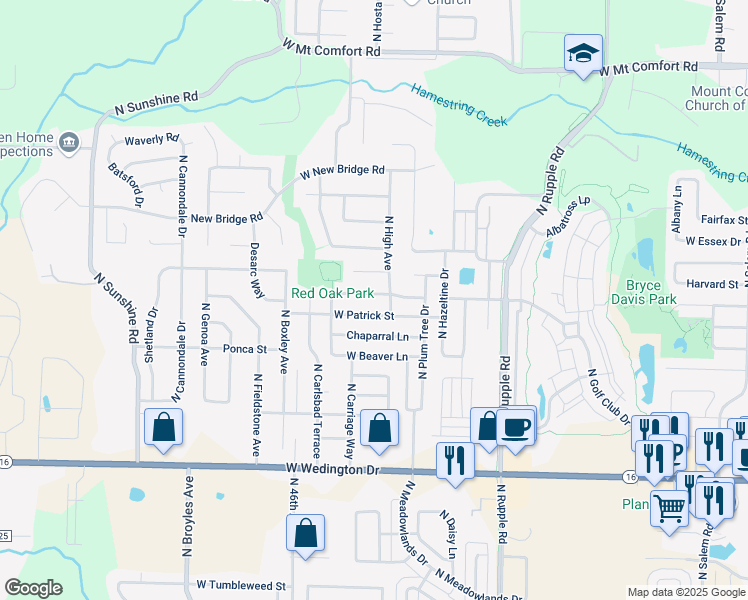 map of restaurants, bars, coffee shops, grocery stores, and more near 4377 West Cheyenne Drive in Fayetteville