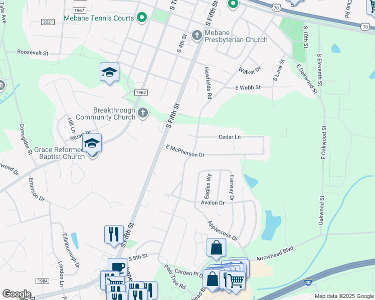 map of restaurants, bars, coffee shops, grocery stores, and more near 400 East McPherson Drive in Mebane