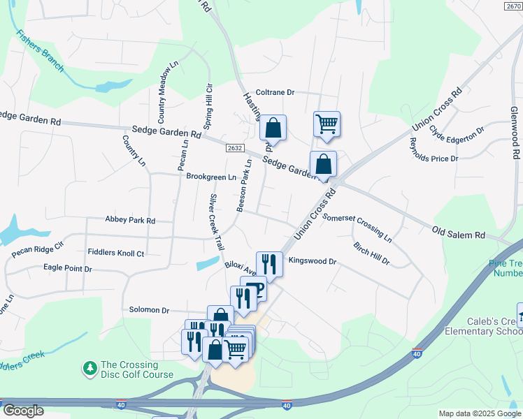map of restaurants, bars, coffee shops, grocery stores, and more near 1200 Weathergreen Court in Kernersville