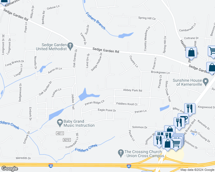 map of restaurants, bars, coffee shops, grocery stores, and more near 4472 Abbey Park Road in Kernersville