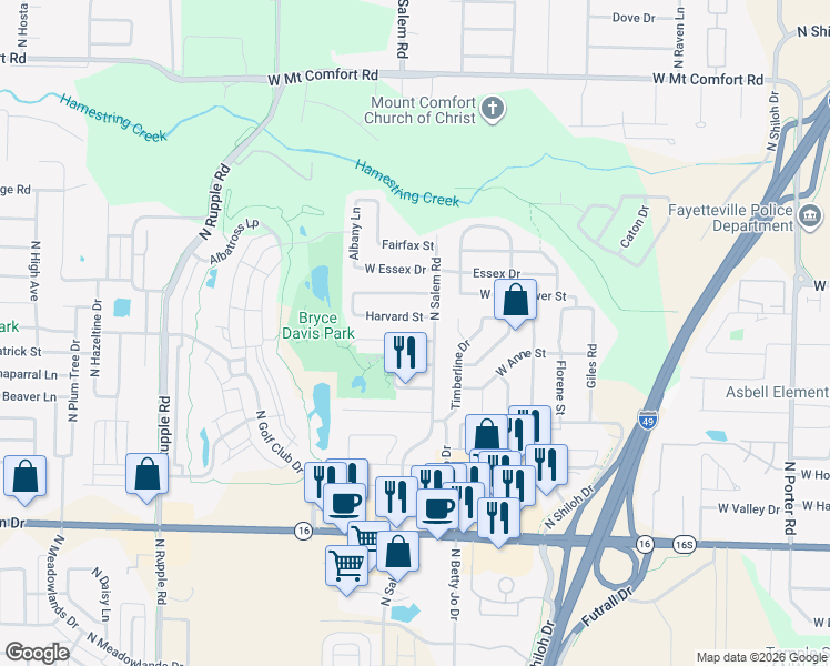 map of restaurants, bars, coffee shops, grocery stores, and more near 3372 Yale Street in Fayetteville