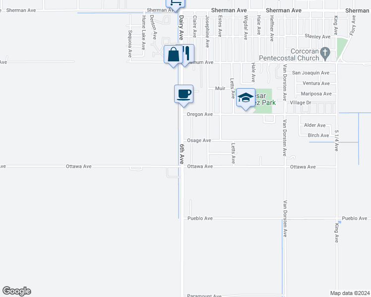 map of restaurants, bars, coffee shops, grocery stores, and more near 2117 Dairy Avenue in Corcoran