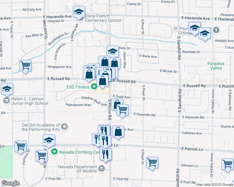 map of restaurants, bars, coffee shops, grocery stores, and more near 3425 East Russell Road in Las Vegas