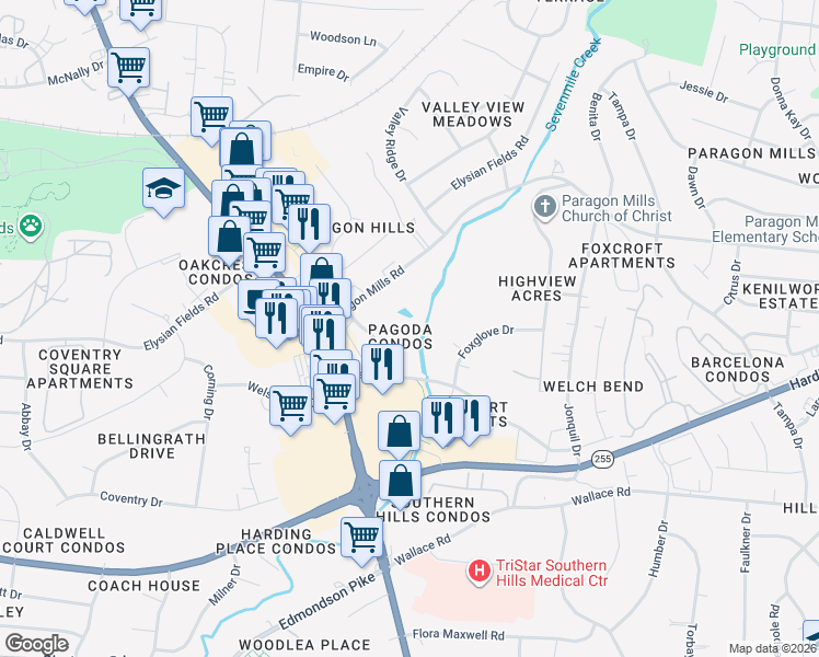 map of restaurants, bars, coffee shops, grocery stores, and more near 525 Paragon Mills Road in Nashville