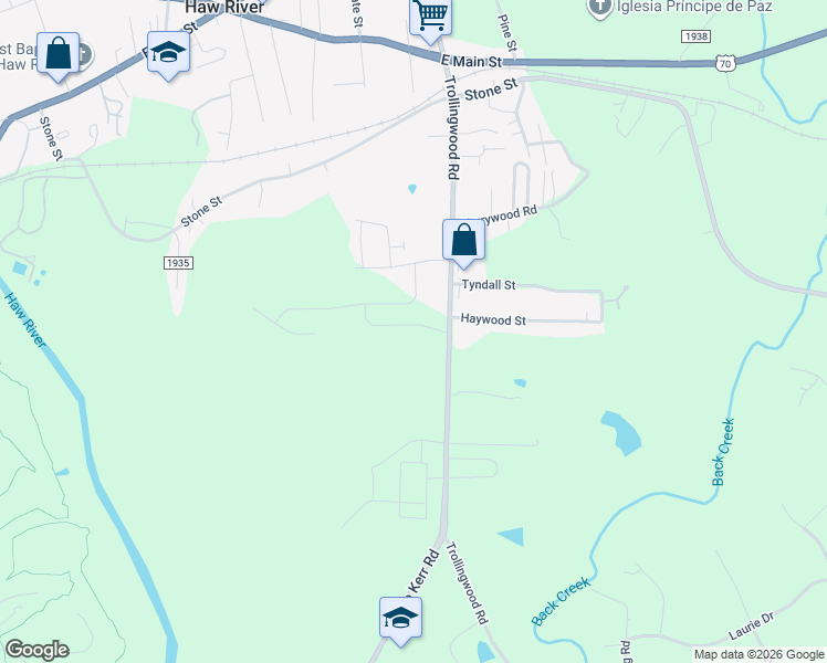 map of restaurants, bars, coffee shops, grocery stores, and more near 401-499 Fran Drive in Haw River