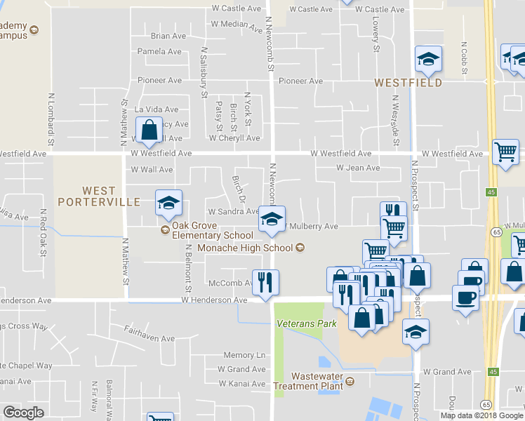 map of restaurants, bars, coffee shops, grocery stores, and more near 1001 Greenfield Drive in Porterville