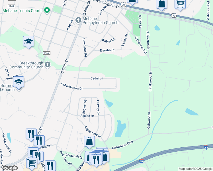 map of restaurants, bars, coffee shops, grocery stores, and more near 461 East McPherson Drive in Mebane