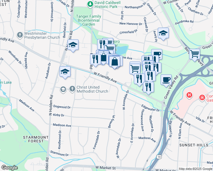 map of restaurants, bars, coffee shops, grocery stores, and more near 3303 Wedgewood Pl in Greensboro