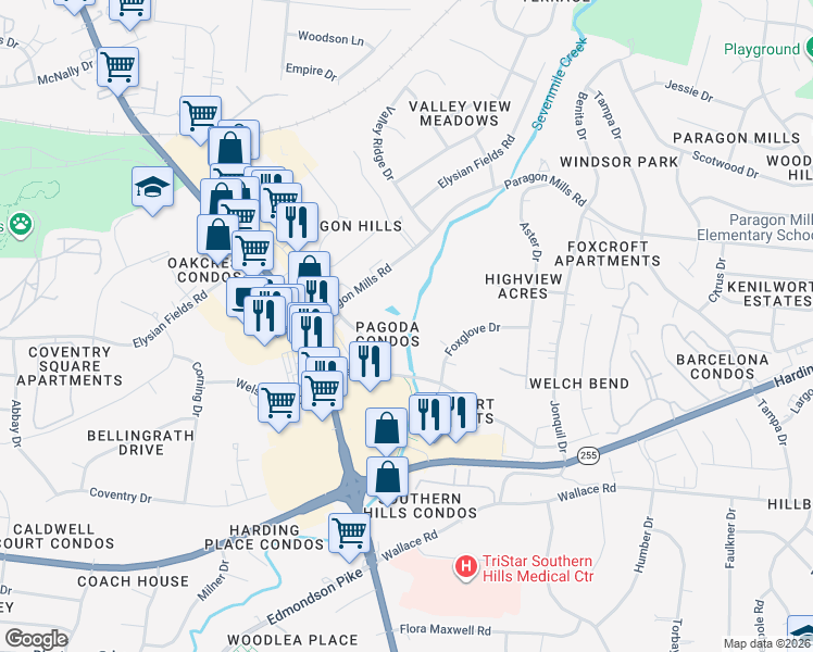 map of restaurants, bars, coffee shops, grocery stores, and more near 525 Paragon Mills Road in Nashville