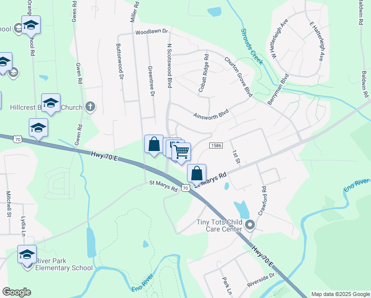 map of restaurants, bars, coffee shops, grocery stores, and more near 3202 Bartlett Circle in Hillsborough