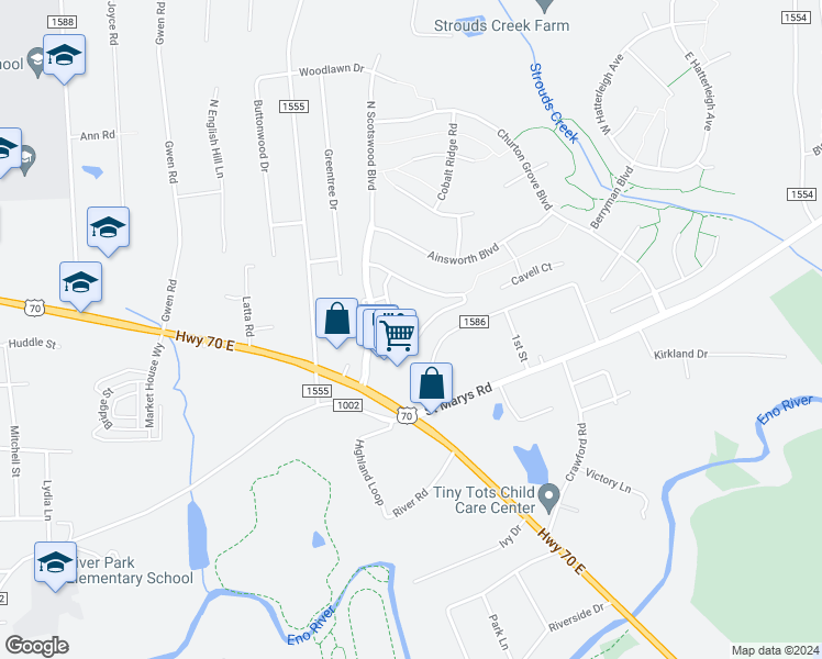 map of restaurants, bars, coffee shops, grocery stores, and more near 2606 Bartlett Circle in Hillsborough