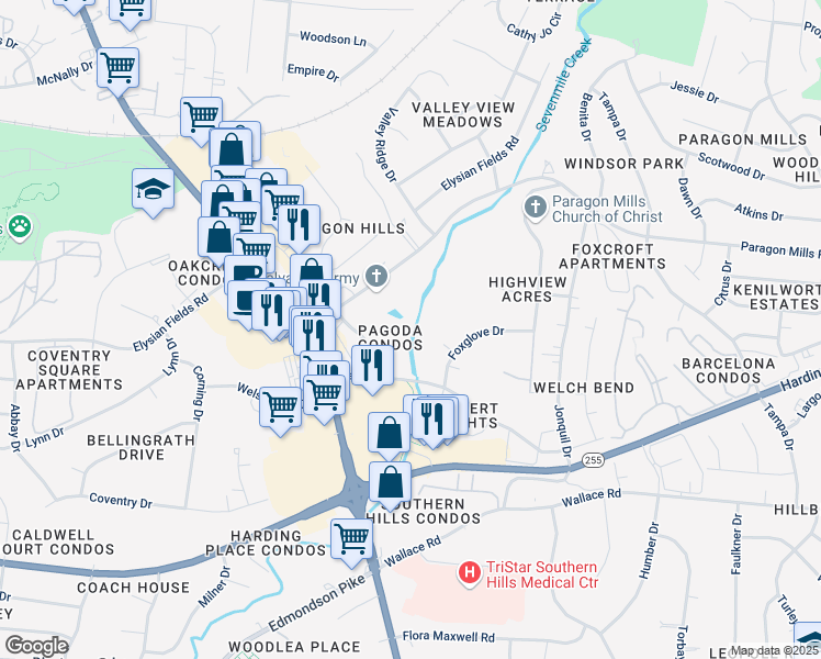 map of restaurants, bars, coffee shops, grocery stores, and more near 320 Welch Road in Nashville