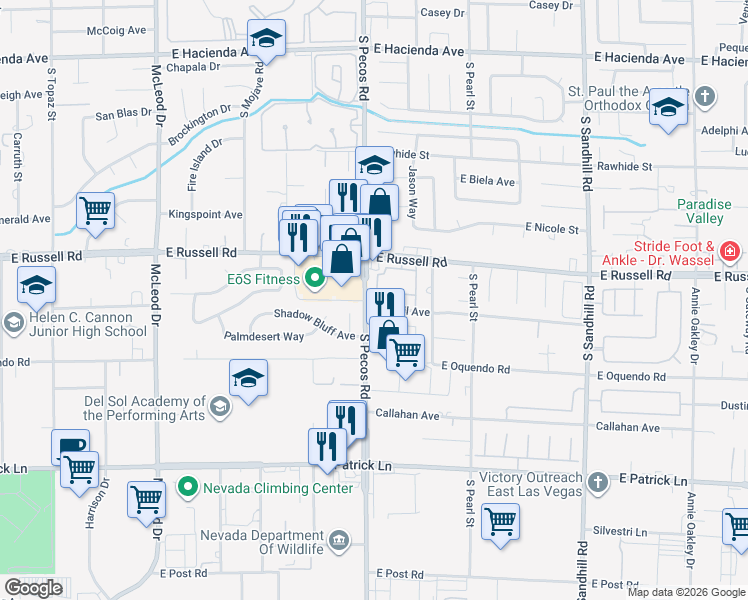 map of restaurants, bars, coffee shops, grocery stores, and more near 3425 East Russell Road in Las Vegas