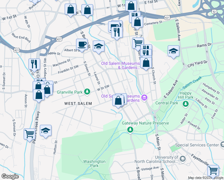 map of restaurants, bars, coffee shops, grocery stores, and more near 712 South Broad Street in Winston-Salem