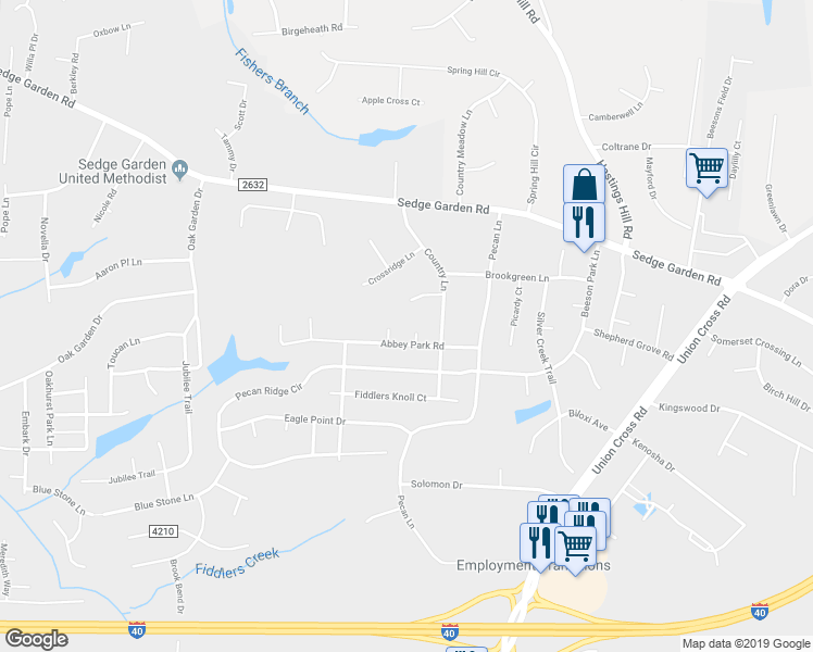 map of restaurants, bars, coffee shops, grocery stores, and more near 1538 Abbey Park Road in Kernersville