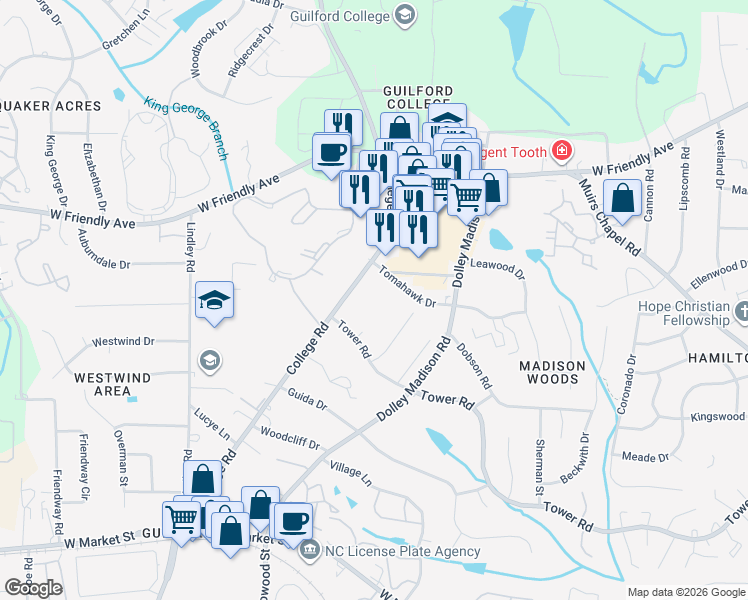 map of restaurants, bars, coffee shops, grocery stores, and more near 5617 Tomahawk Drive in Greensboro