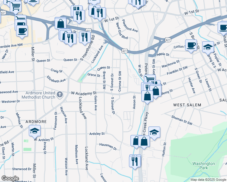 map of restaurants, bars, coffee shops, grocery stores, and more near 535 Sunset Drive in Winston-Salem