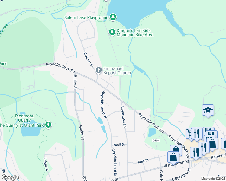 map of restaurants, bars, coffee shops, grocery stores, and more near 2773 Reynolds Park Road in Winston-Salem