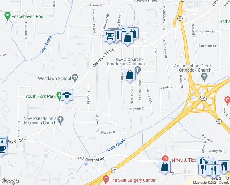 map of restaurants, bars, coffee shops, grocery stores, and more near 213 Hedgecock Avenue in Winston-Salem