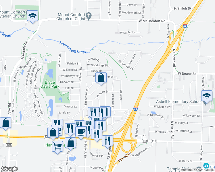 map of restaurants, bars, coffee shops, grocery stores, and more near 1656 Timbercrest Avenue in Fayetteville