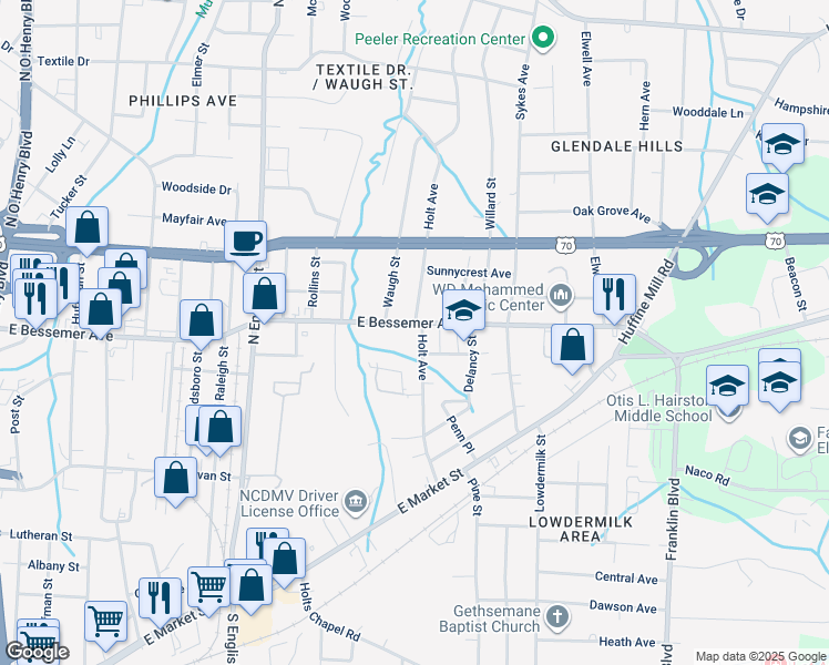 map of restaurants, bars, coffee shops, grocery stores, and more near 2714 East Bessemer Avenue in Greensboro