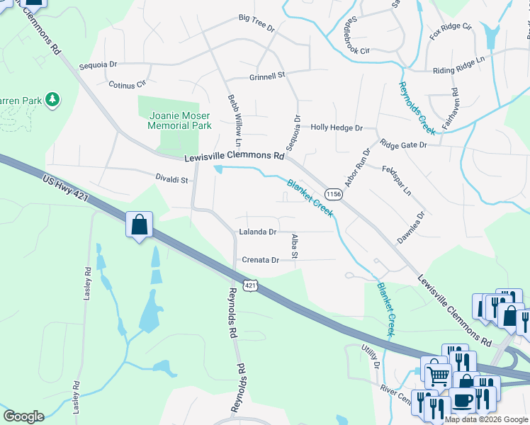 map of restaurants, bars, coffee shops, grocery stores, and more near 760 Lewisville Clemmons Road in Lewisville