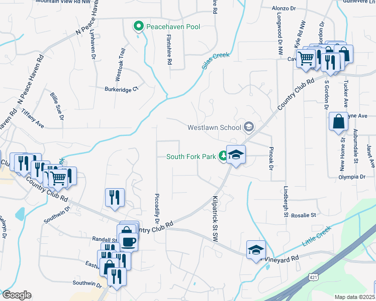 map of restaurants, bars, coffee shops, grocery stores, and more near 229 Tipperary Lane Northwest in Winston-Salem