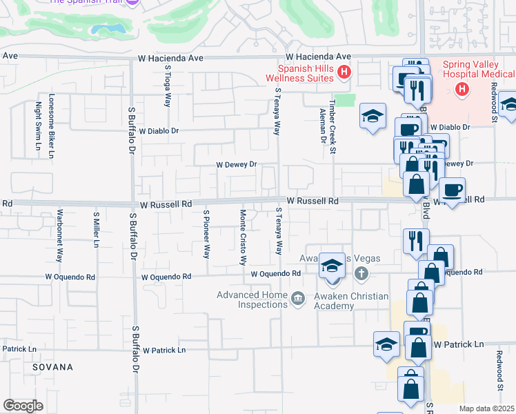 map of restaurants, bars, coffee shops, grocery stores, and more near 7413 West Russell Road in Las Vegas