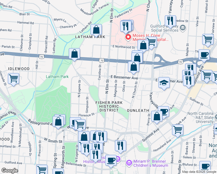 map of restaurants, bars, coffee shops, grocery stores, and more near in Greensboro