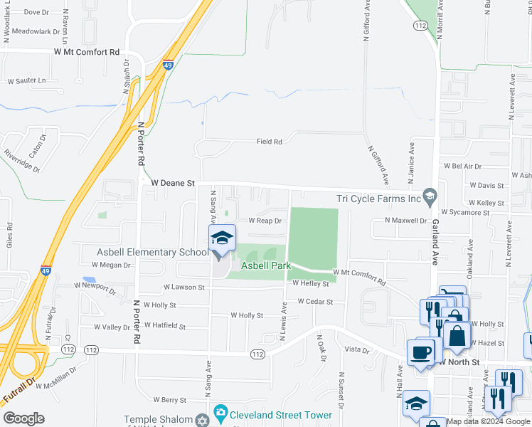 map of restaurants, bars, coffee shops, grocery stores, and more near 1813 West Deane Street in Fayetteville