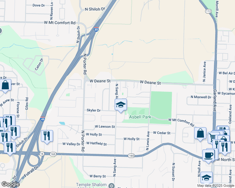 map of restaurants, bars, coffee shops, grocery stores, and more near 1726 North Sang Avenue in Fayetteville