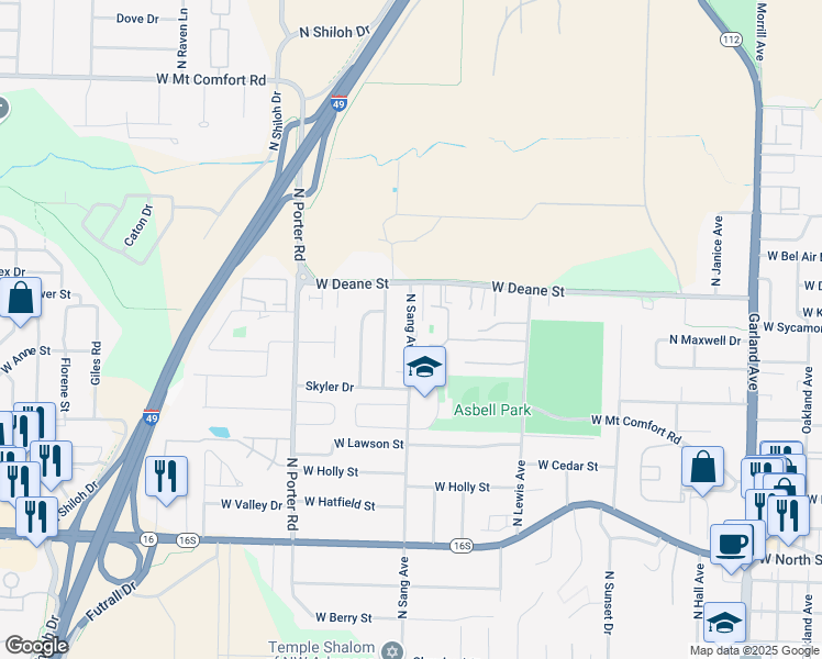 map of restaurants, bars, coffee shops, grocery stores, and more near 1726 North Sang Avenue in Fayetteville