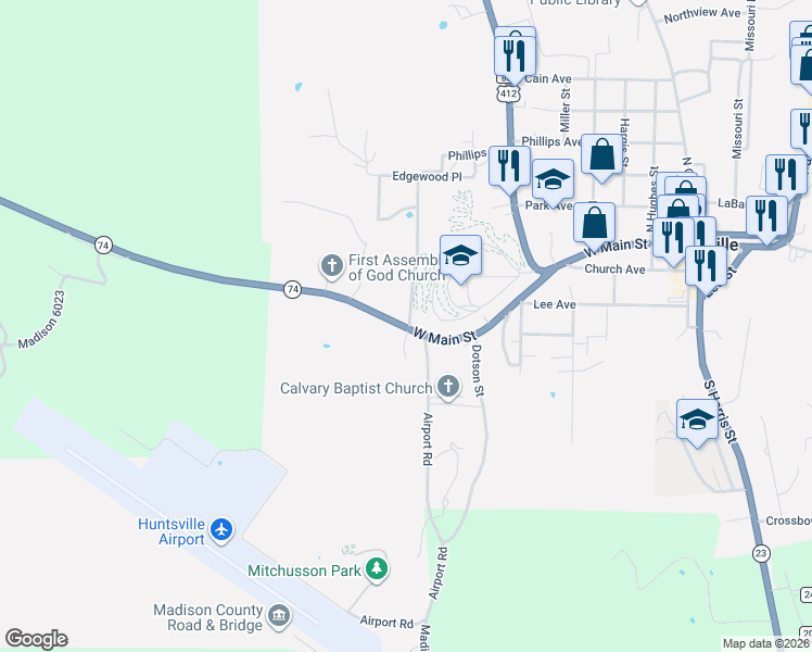 map of restaurants, bars, coffee shops, grocery stores, and more near 1303 West Main Street in Huntsville