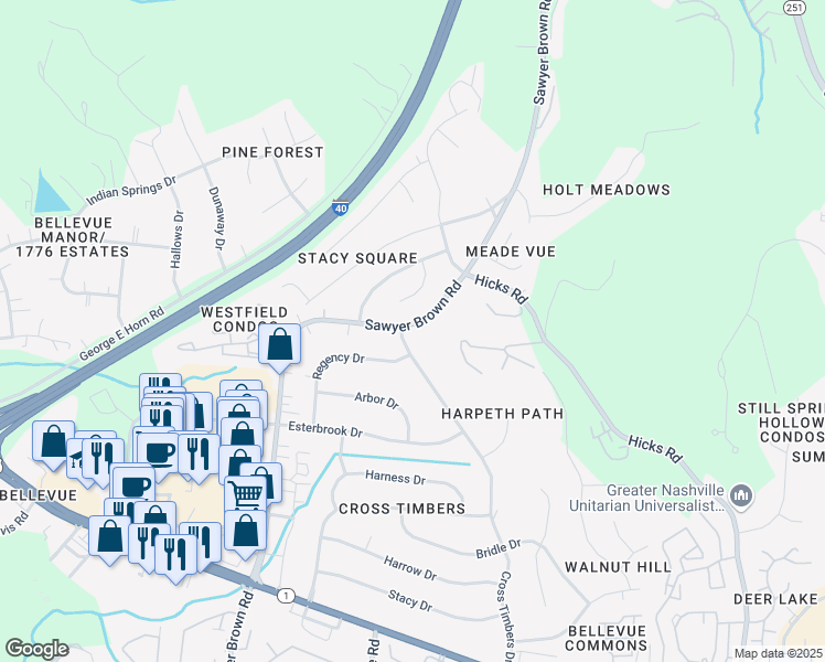 map of restaurants, bars, coffee shops, grocery stores, and more near 354 Cross Timbers Drive in Nashville