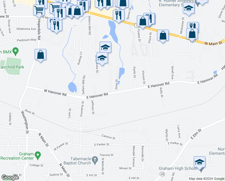 map of restaurants, bars, coffee shops, grocery stores, and more near 314 East Hanover Road in Graham