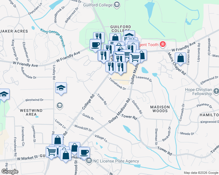map of restaurants, bars, coffee shops, grocery stores, and more near 5617 Tomahawk Drive in Greensboro