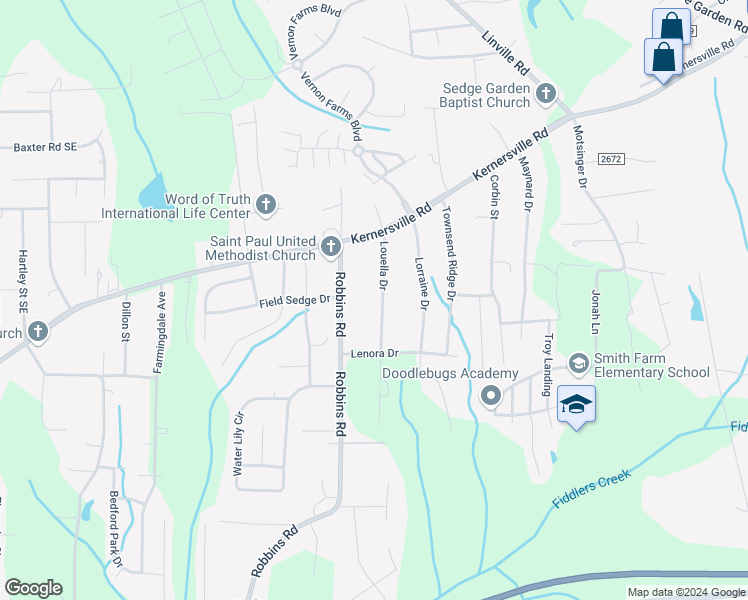 map of restaurants, bars, coffee shops, grocery stores, and more near 208 Louella Drive in Winston-Salem