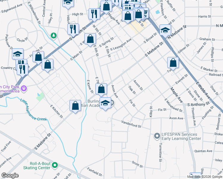 map of restaurants, bars, coffee shops, grocery stores, and more near 523 Avon Avenue in Burlington
